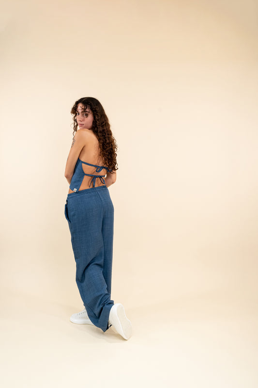 Linen Halter-Neck Tie-Back Top