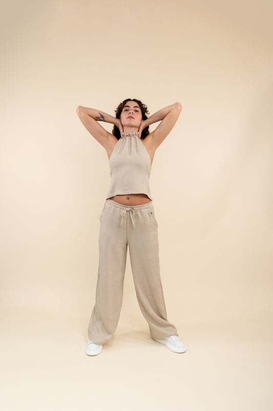 Linen Halter-Neck Tie-Back Top